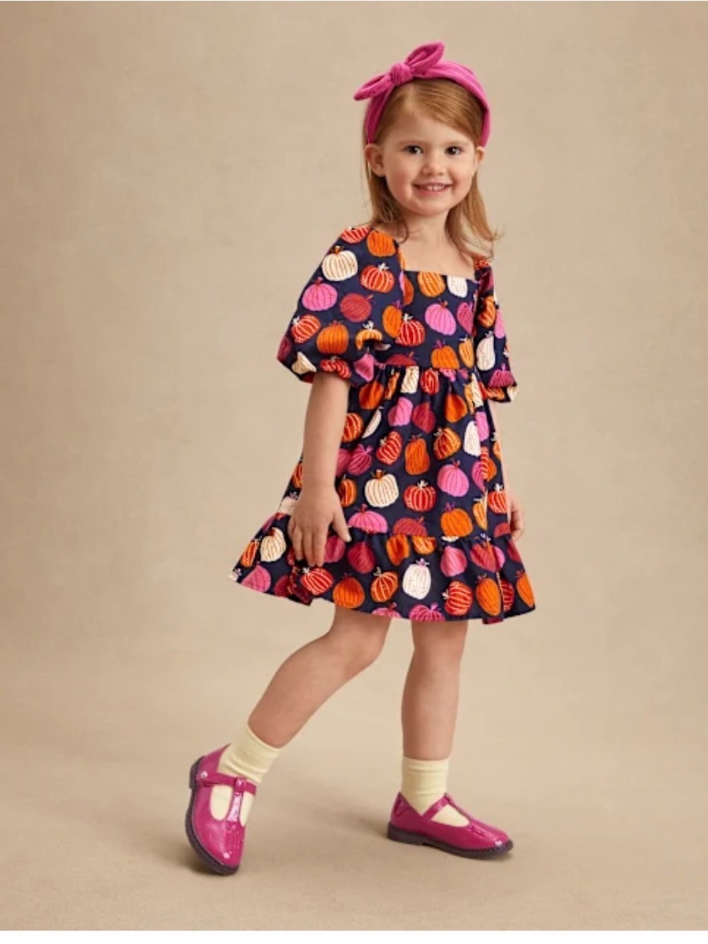 Gymboree Pumpkin Dress Fall Celebrations Navy Blue Pink Puff Sleeves Girls 7Y